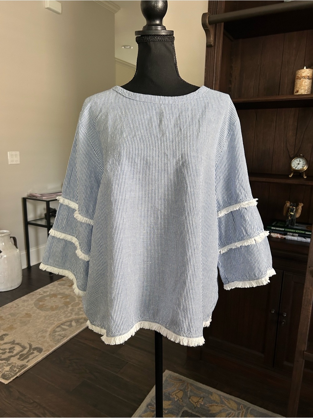 Cynthia Rowley Linen-Cotton Blend Chambray Striped Fringe Top
